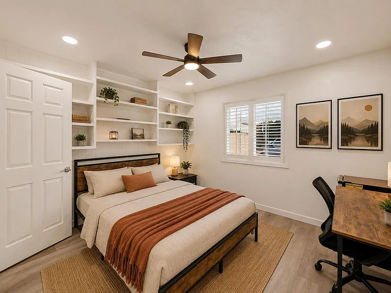 Well-appointed bedroom with built-in shelving, ceiling fan, and a work desk, plus a window with plantation shutters.