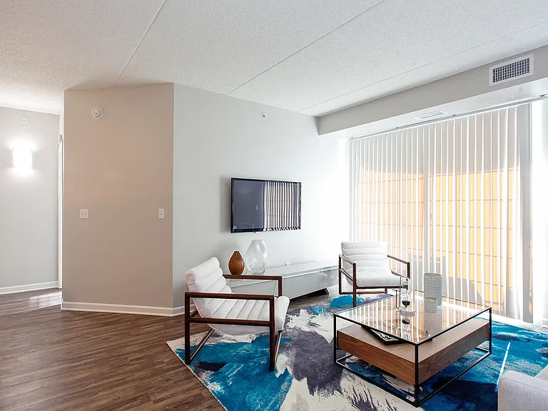 Cozy living room with large window and accent rug