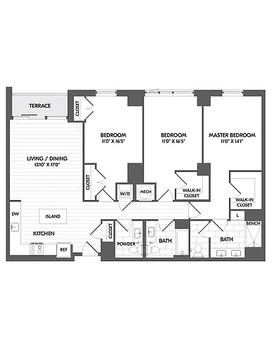 Floor plan 3 Bed/2.5 Bath Penthouse-PH 3C