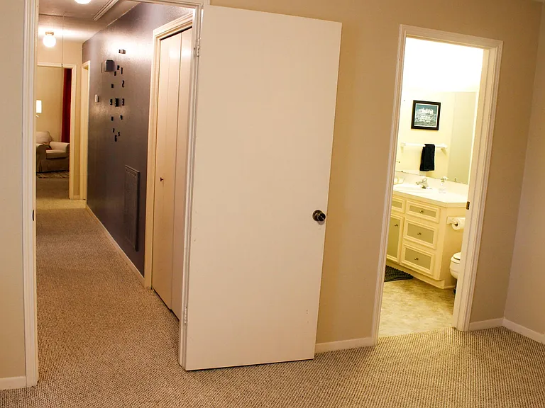 Hallway that leads to the rest of the apartment, and the door leading to your ensuite bathroom.