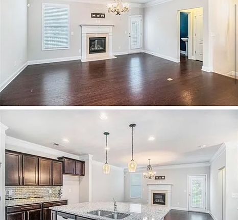 Living room, powder room and kitchen