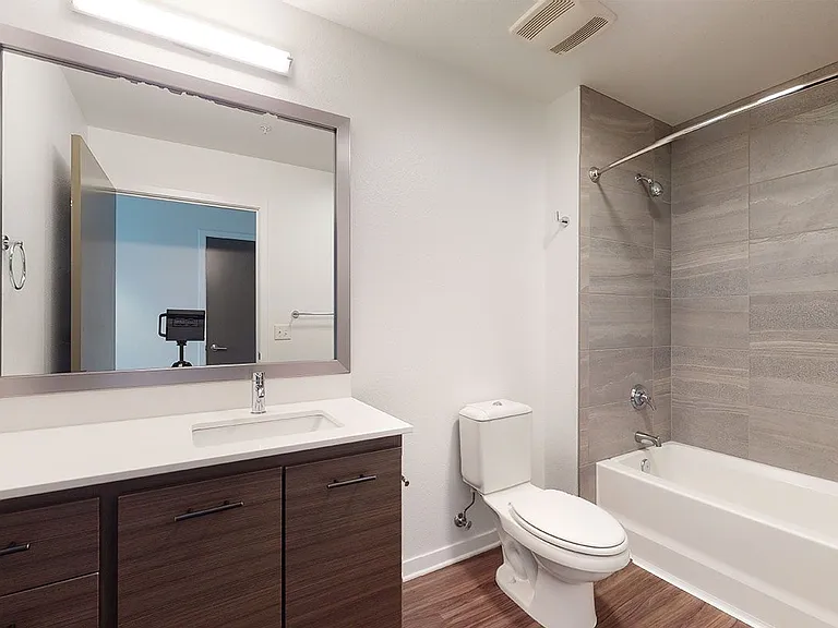 Apartment bathroom with wood-style flooring.