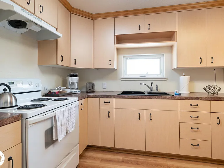 Electric range/oven and plenty of counter space to cook