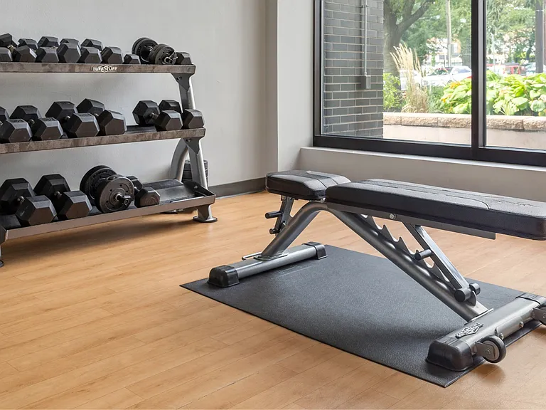 Fitness center has machines and free weights