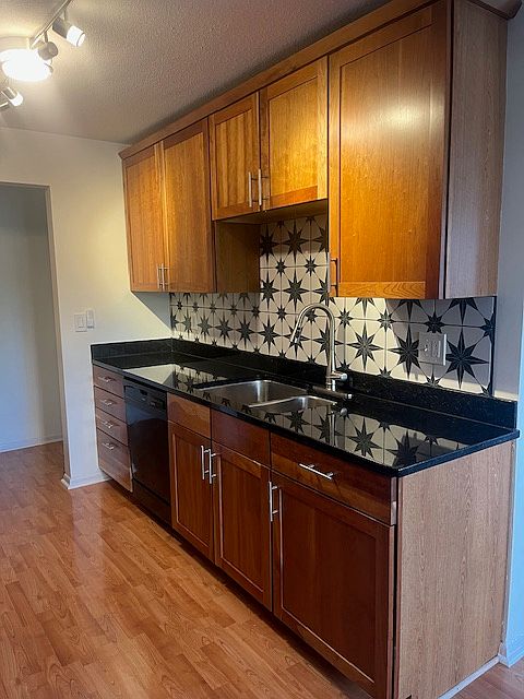 Kitchen: dishwasher, sink and large counter space.