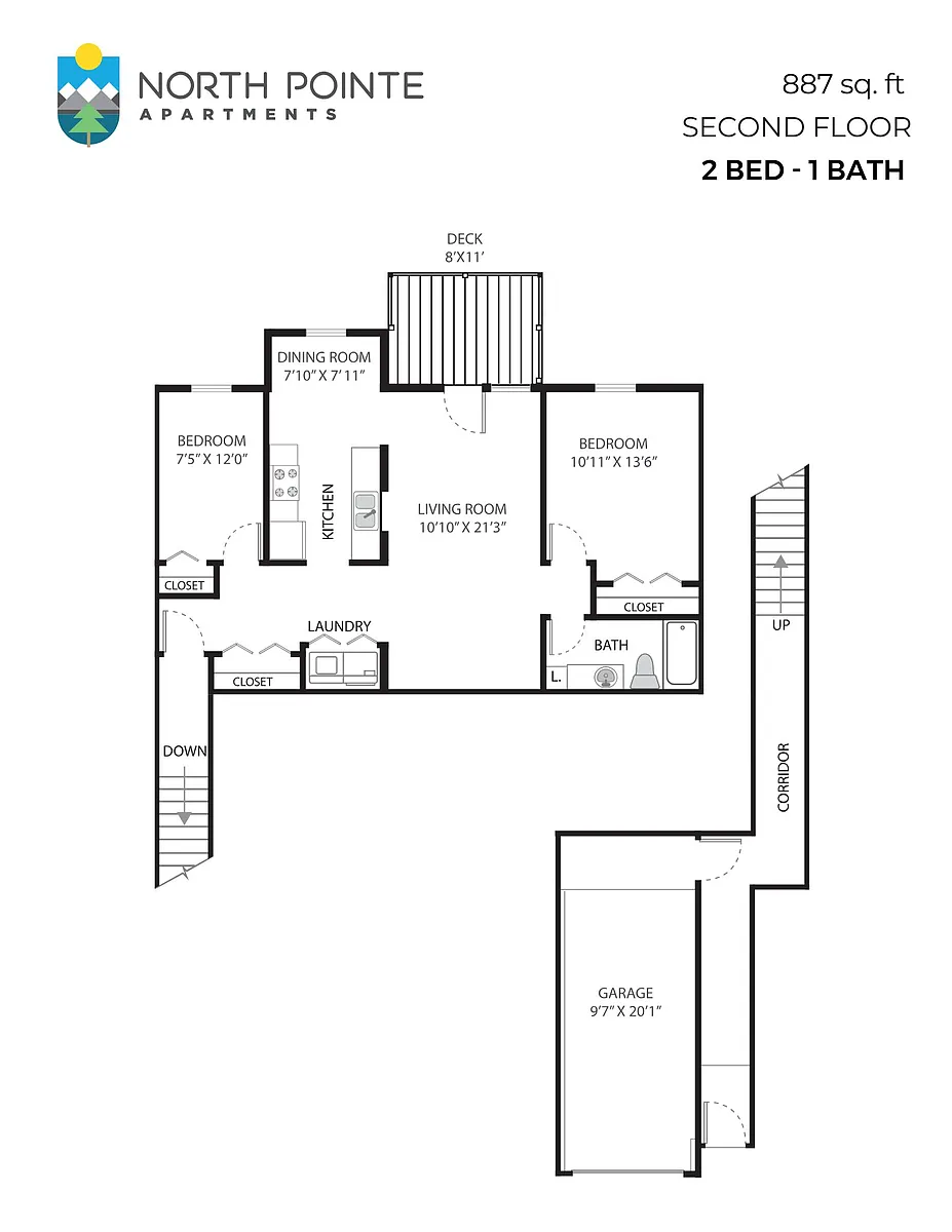 Floor plan 2 Bed, 1 Bath - 887 sq ft