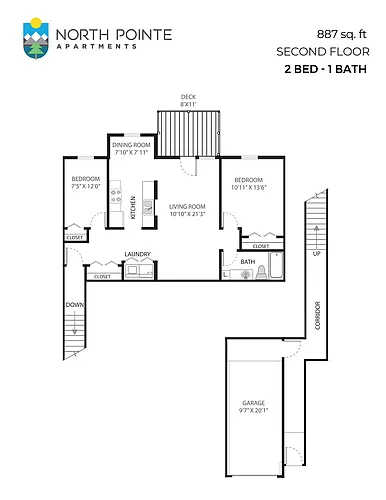 Floor plan 2 Bed, 1 Bath - 887 sq ft