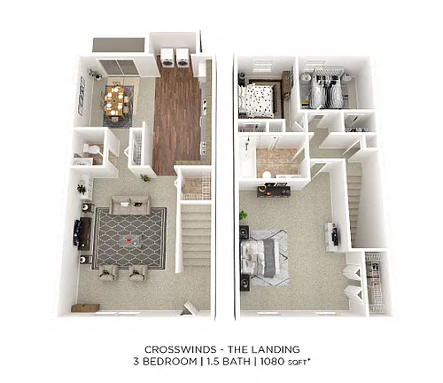 Floor plan Three Bedroom 1.5 Bath Townhome - 1,080 sqft