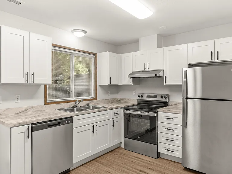 Beautifully updated kitchen featuring stainless-steel appliances, white cabinetry, and marble-style countertops with easy backyard access. Beautifully updated kitchen featuring stainless-steel appliances, white cabinetry, and marble-style countertops with