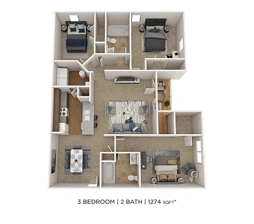 Floor plan Three Bedroom 2 Bath - 1,274 sqft