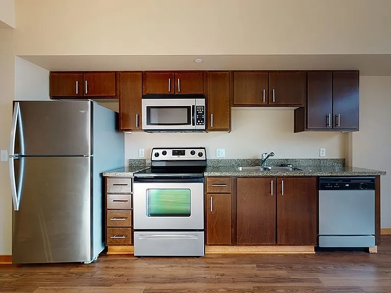 Apartment Kitchen with Stainless Steel Appliances, Granite-style countertops and Wood-Style Flooring.