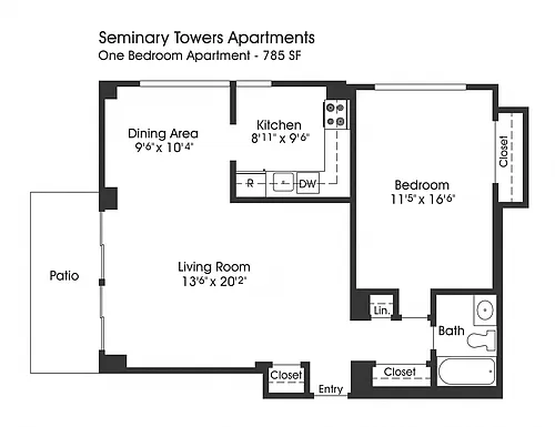 Floor plan 1BR 1BA (785sf)