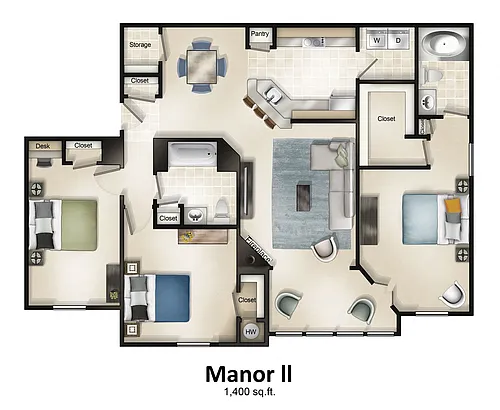 Floor plan 3 Bedroom 2 Bath with Sunroom - Manor House II