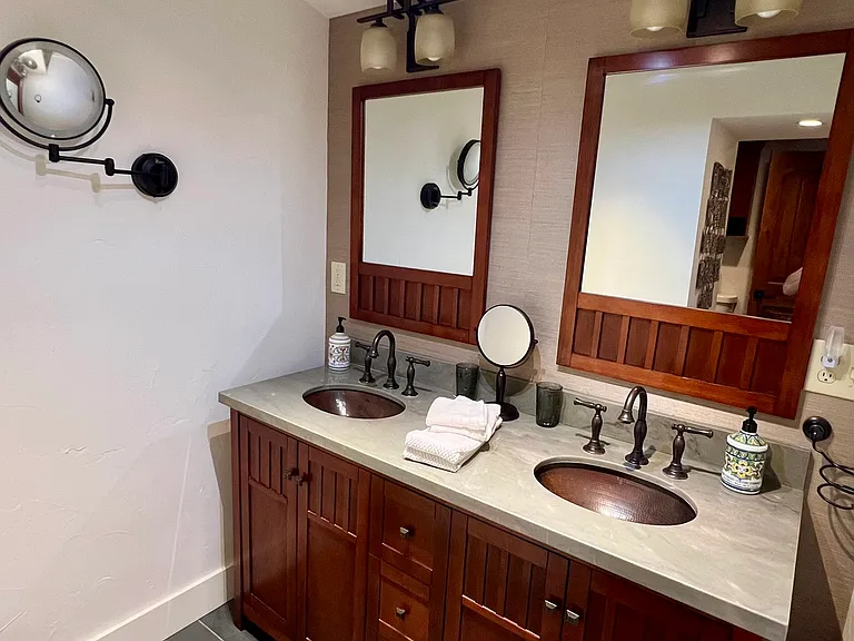 Double copper sinks in downstairs bathroom