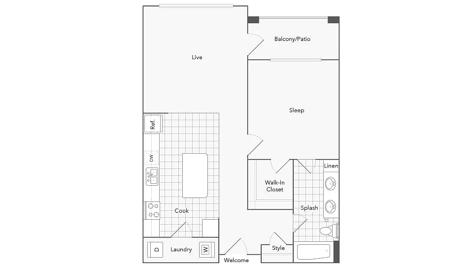 Floor plan 1 Bed 1 Bath Washer Dryer C