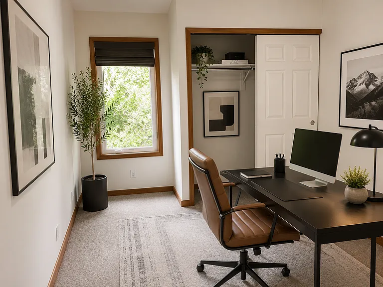 AI-staged modern home office concept showing a quiet, light-filled workspace with clean contemporary furniture, natural views, and flexible use as a private office or creative studio.