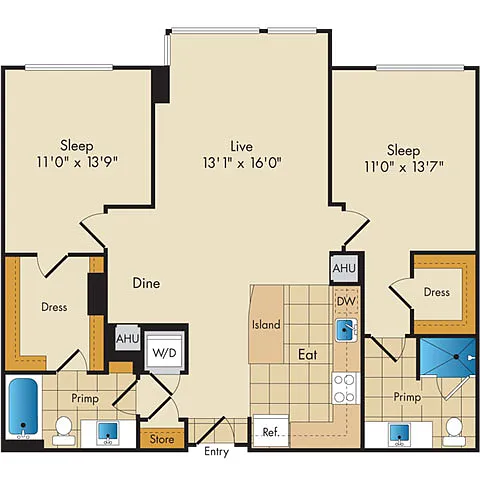 Floor plan 2 Bed 2 Bath-B3b