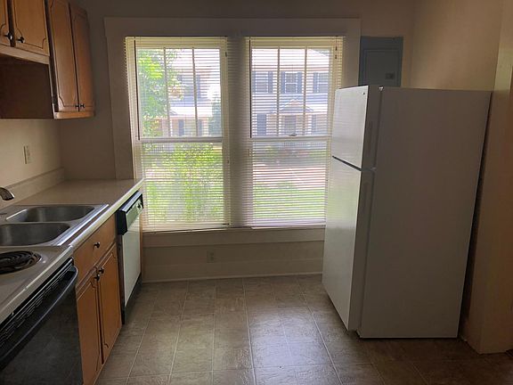 View of kitchen showing stove, sink, dishwasher, fridge and double windows.