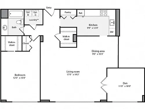 Floor plan 1 Bedroom, 1 Bath + Den 1184 SF 1D1B