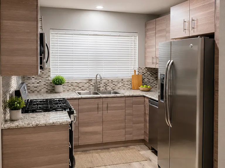 Updated kitchen featuring modern cabinetry, stainless steel appliances, and stylish finishes throughout.