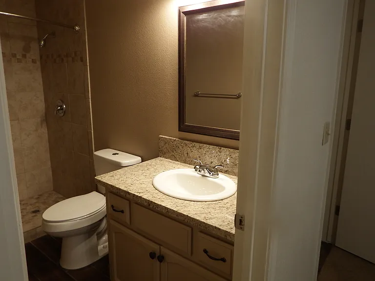Master bath with granite countertop, modern vanity, framed mirror with updated lighting and chrome details.