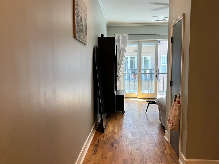 Hallway view. Living room ahead and bed room to the right.
