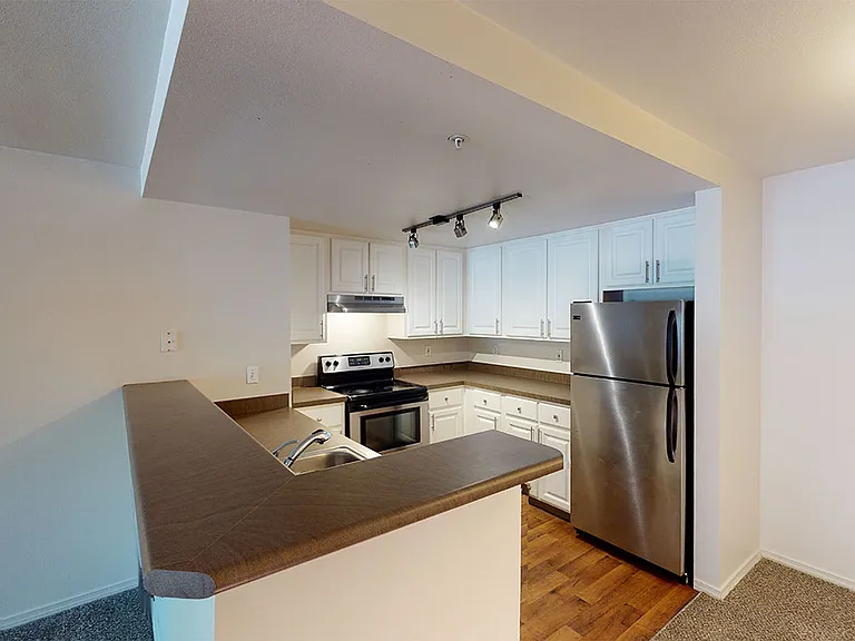 Apartment kitchen with stainless steel appliances in select homes and wood-style flooring.
