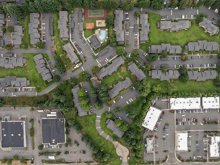 Top-down aerial view of the Willow Hill Apartments community layout.