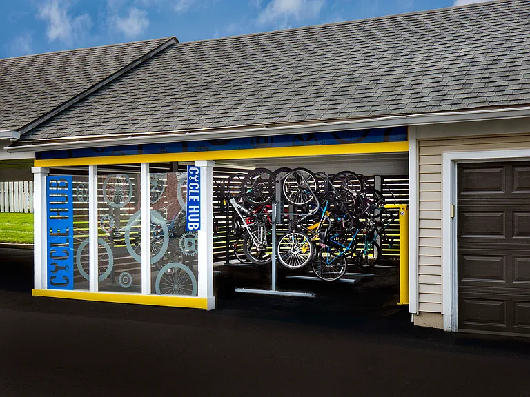 Cycle hub with indoor storage and repair station