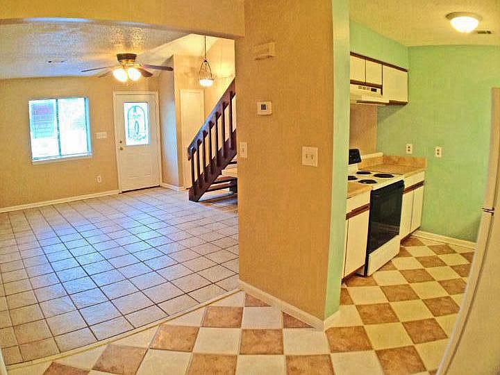 Kitchen and living room.