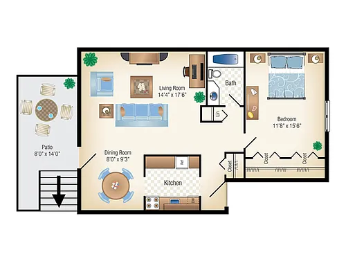 Floor plan GARDEN B 1 Bed 1 Bath