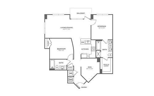 Floor plan Two Bedroom Two Bath With Den (1,212 SF)