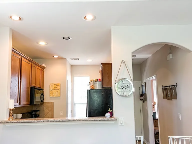 Kitchen shown from living room.