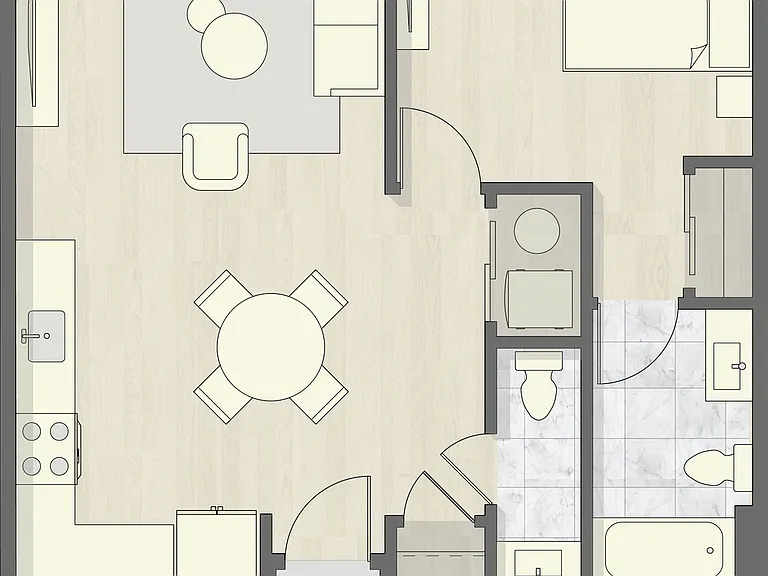 Explore this chic urban space with an innovative 1-bedroom layout and versatile living area. Explore this chic urban space with an innovative 1-bedroom layout and versatile living area.