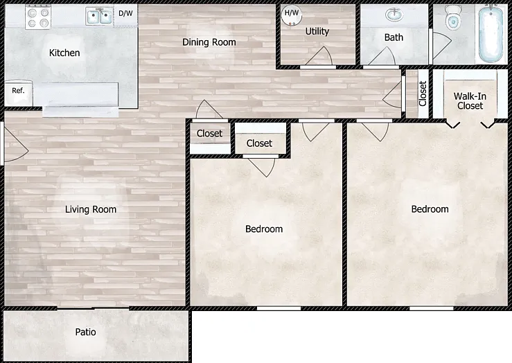 2 Bed 1 Bath Floorplan Diagram