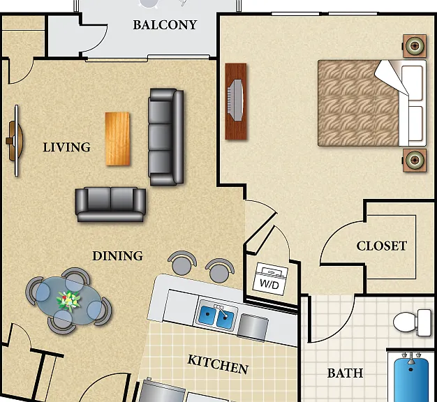 Plan B 1 Bed 1 Bath Floorplan Diagram