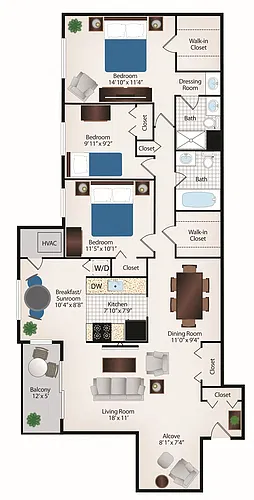 Floor plan 3 Bed 2 Bath with Alcove