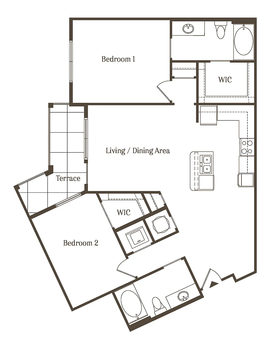 Floor plan AD - 2BR 2BA (1111 SF)
