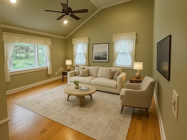 Massive family / living room space with skylight and picture windows - perfect for large family gatherings and entertaining.