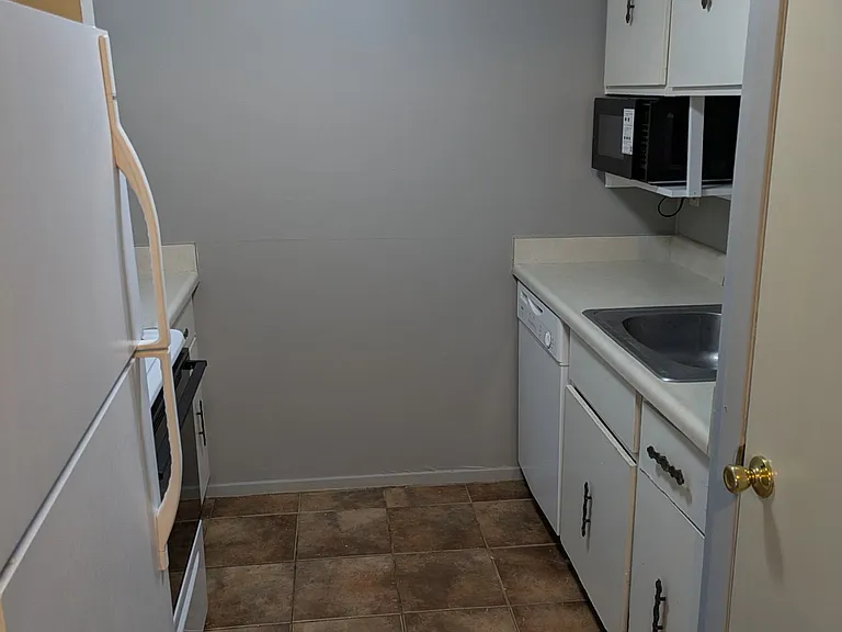 Side of the kitchen with the sink and microwave.