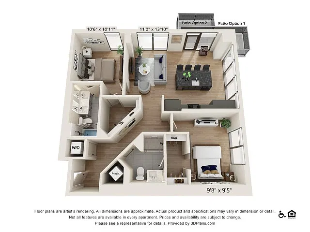 Floor plan Two Bedroom Two Bath Penthouse (1068 SF)