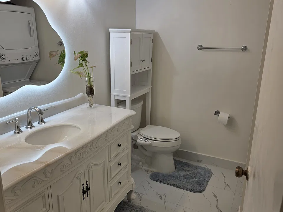 New bathroom and shower! Everything new - fixtures, mirror, washer, dryer, lights and all fixtures