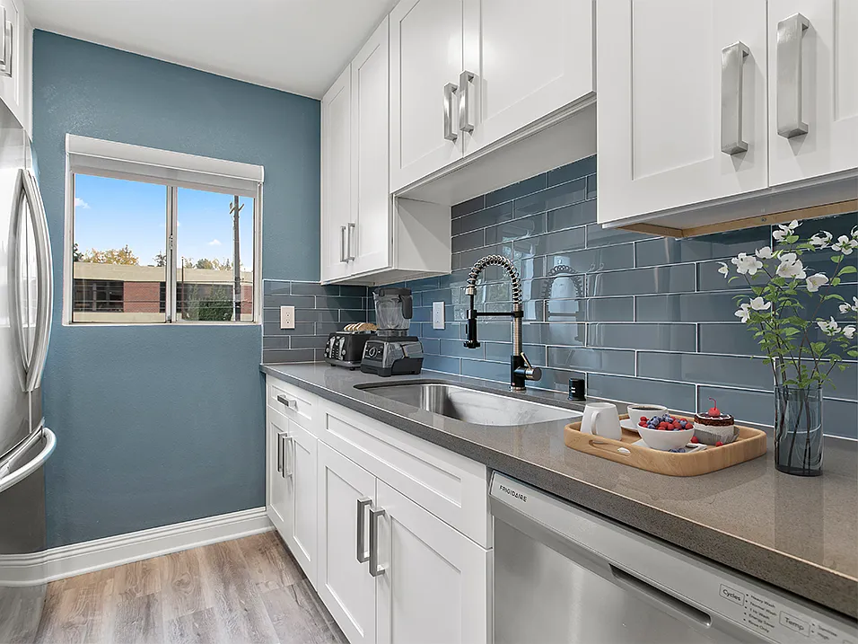 Blue tiled kitchen with stainless steel fridge and dish washer.