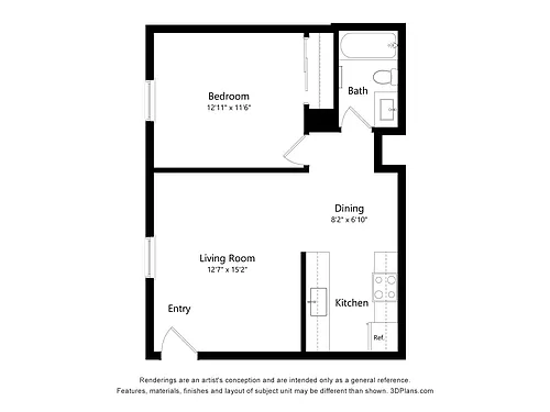 Floor plan 1 Bed, 1 Bath - 314 Burchett