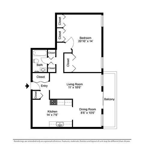 Floor plan 1 Bed 1 Bath Super Deluxe