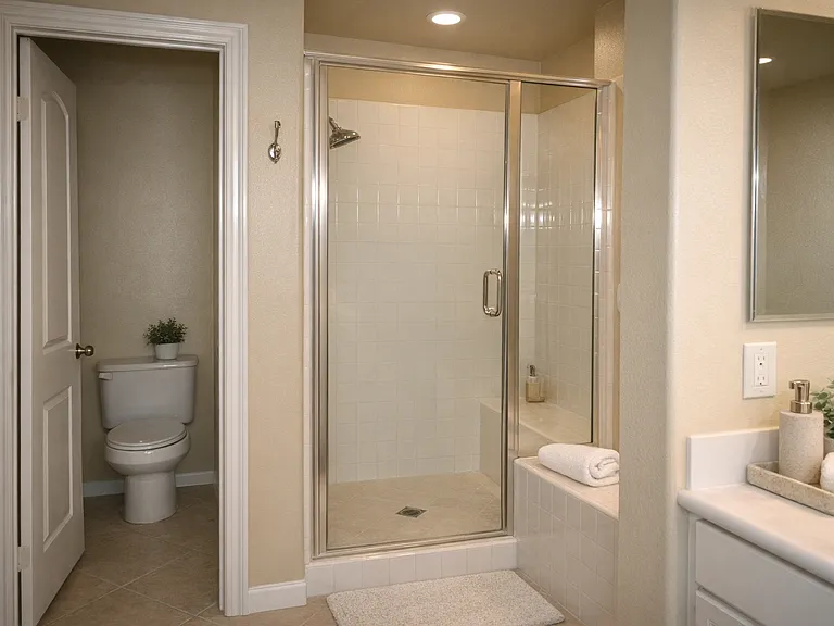 Spacious master bathroom featuring walk in shower, private toilet room, and ample counter space