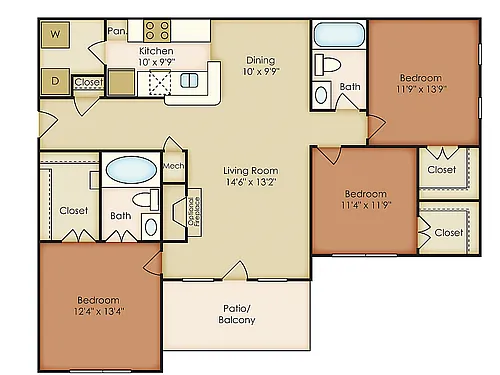 Floor plan 3 Bed, 2 Bath A (80% Income Restricted)