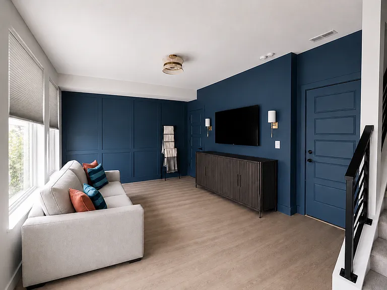 Living room with black-out blinds for privacy