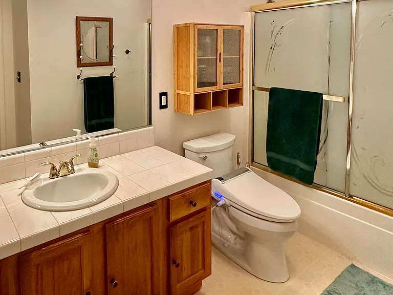 Bathroom: Bidet toilet, shower/tub, your designated cabinet space, clean, shared.