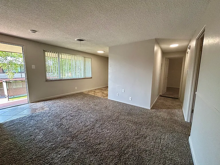 Bright living room with plush carpet and large window, featuring open access to balcony and hallway. Bright living room with plush carpet and large window, featuring open access to balcony and hallway.